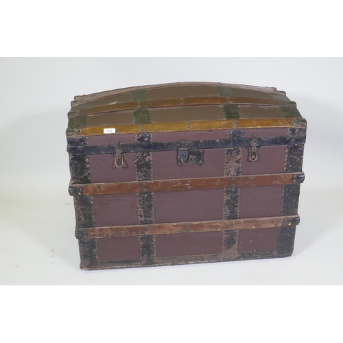 1026 - A Victorian wooden strapped travel trunk with dome top, 86 x 52cm, 62cm high