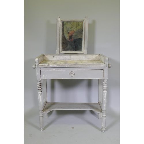 1028 - A C19th French painted dressing table, with swing mirror and three quarter marble gallery tiled top ... 