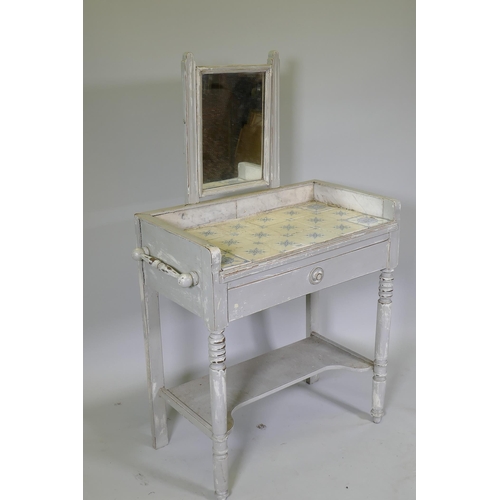 1028 - A C19th French painted dressing table, with swing mirror and three quarter marble gallery tiled top ... 