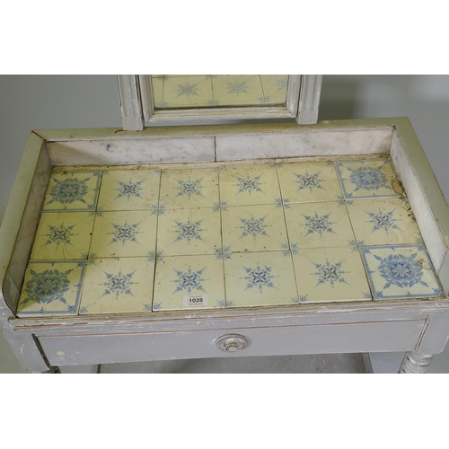 1028 - A C19th French painted dressing table, with swing mirror and three quarter marble gallery tiled top ... 