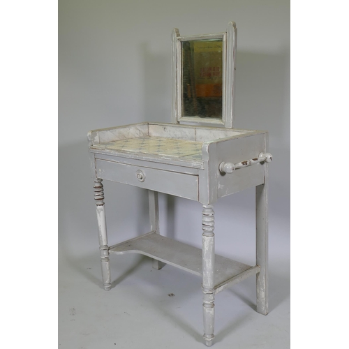 1028 - A C19th French painted dressing table, with swing mirror and three quarter marble gallery tiled top ... 