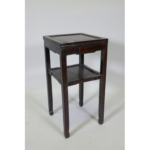 1031 - An antique Chinese hardwood two tier side table with single drawer, 39 x 39cm, 75cm high