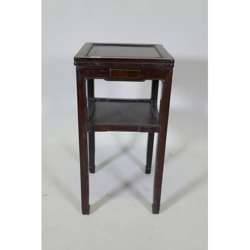 1031 - An antique Chinese hardwood two tier side table with single drawer, 39 x 39cm, 75cm high