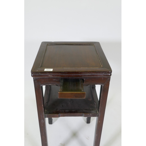 1031 - An antique Chinese hardwood two tier side table with single drawer, 39 x 39cm, 75cm high