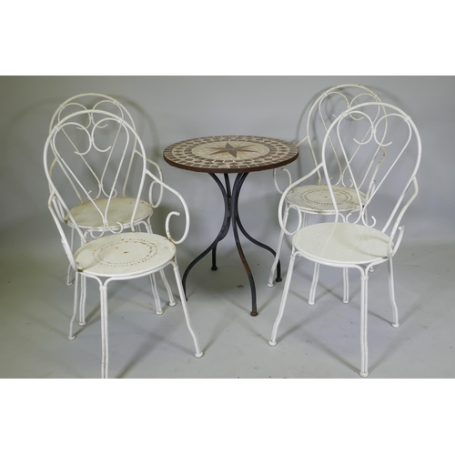 1035 - A set of four white painted metal bistro elbow chairs and a tile top bistro table, 60cm diameter