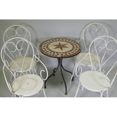 1035 - A set of four white painted metal bistro elbow chairs and a tile top bistro table, 60cm diameter