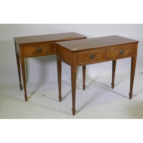 1042 - A pair of mahogany two drawer side tables on tapered and fluted legs, 91 x 46cm, 78cm high