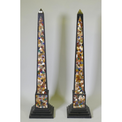 1044 - A pair of large obelisks inlaid with specimen marble and stone decoration, 126cm high