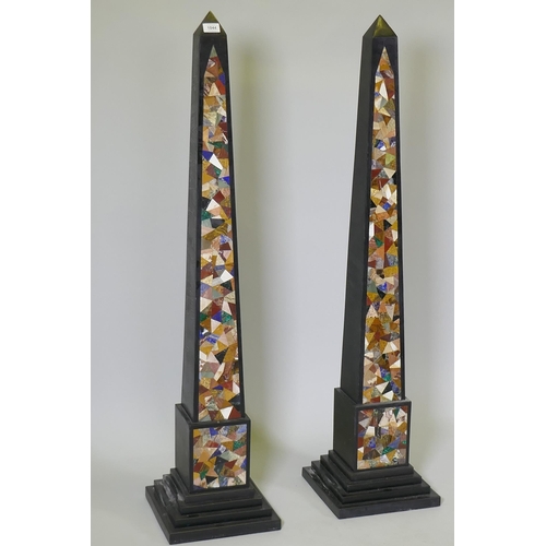 1044 - A pair of large obelisks inlaid with specimen marble and stone decoration, 126cm high