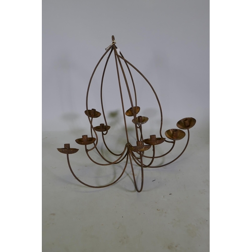 1047 - A wrought iron branch candle chandelier, 80cm drop, AF