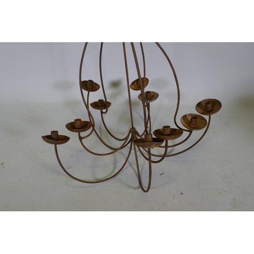 1047 - A wrought iron branch candle chandelier, 80cm drop, AF