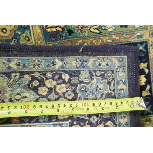 1053 - A pair of dark blue deep pile fine woven Persian runners with traditional panel designs, 85 x 160cm