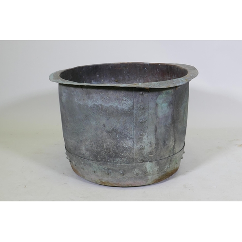 1057 - Antique copper planter with rivetted construction, 54cm diameter, 38cm high