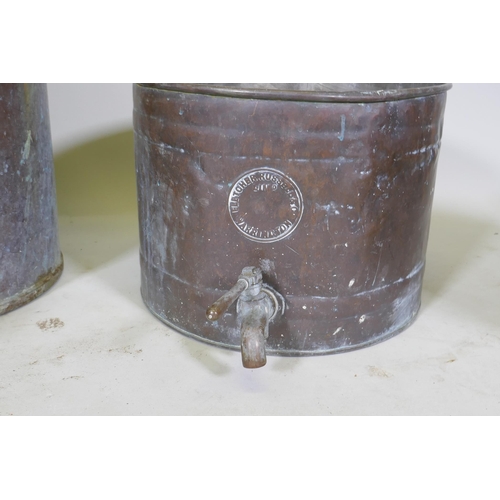 1067 - An antique copper cistern, 36cm diameter, 46cm high, another smaller, and a copper planter