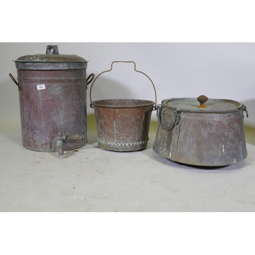 1068 - An antique copper cistern, bucket and two handled pot, cistern 40 x 54cm high