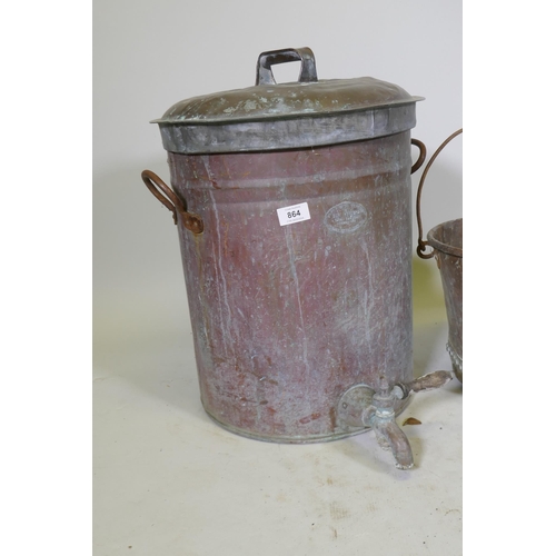 1068 - An antique copper cistern, bucket and two handled pot, cistern 40 x 54cm high