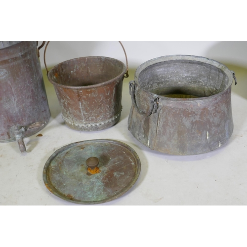 1068 - An antique copper cistern, bucket and two handled pot, cistern 40 x 54cm high