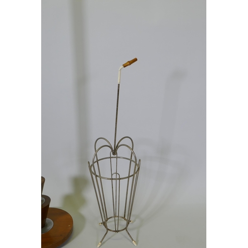 1073 - A mid-century umbrella stand and a mid-century walnut and chrome standard lamp, 158cm high