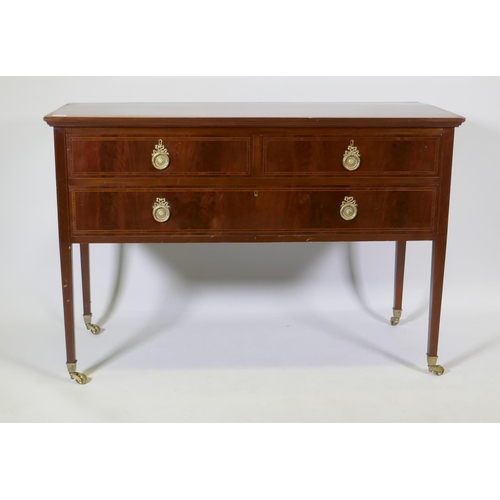 1074 - A Victorian inlaid mahogany two drawer side table, raised on square tapering supports, 53 x 82 x 123... 