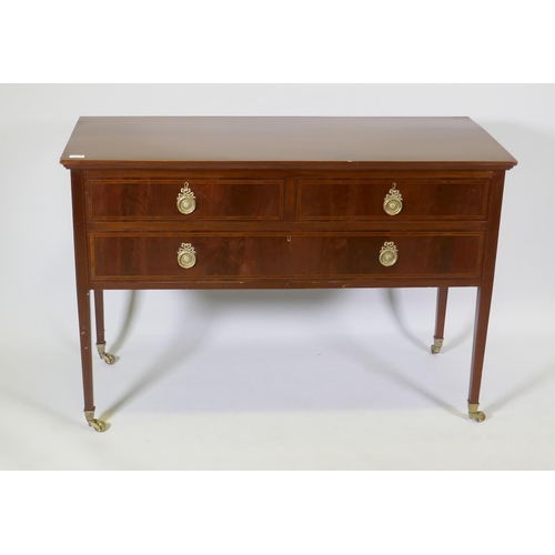 1074 - A Victorian inlaid mahogany two drawer side table, raised on square tapering supports, 53 x 82 x 123... 