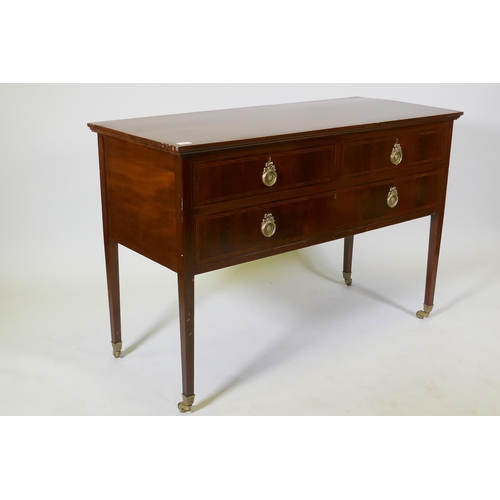 1074 - A Victorian inlaid mahogany two drawer side table, raised on square tapering supports, 53 x 82 x 123... 