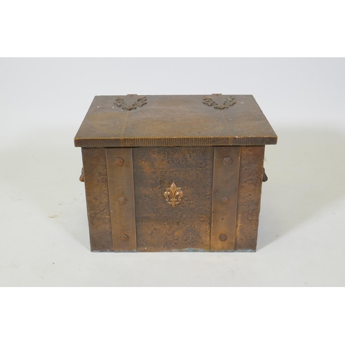 1085 - An Arts and Crafts copper bound coal box with two handles, 50 x 37cm