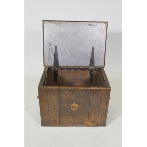 1085 - An Arts and Crafts copper bound coal box with two handles, 50 x 37cm