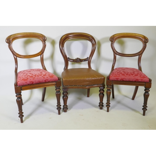 1088 - A pair of Victorian carved mahogany balloon back side chairs, raised on reeded tapering supports, an... 