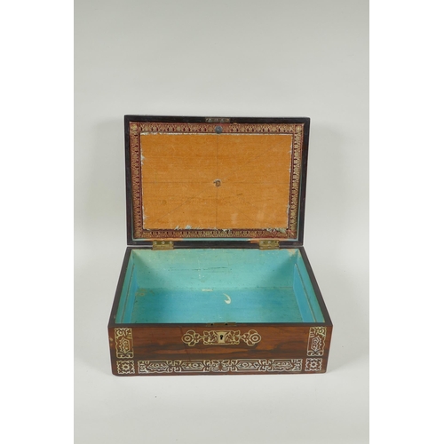 109 - A C19th rosewood and abalone inlaid jewellery/correspondence box, 33 x 24cm