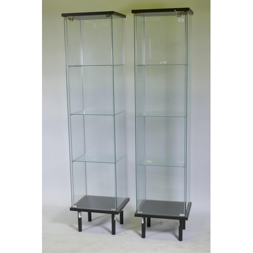 1098 - A pair of contemporary glass display cabinets with shelves, 43 x 37cm, 182cm high