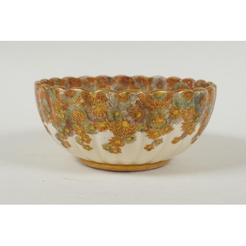 11 - A Japanese Meiji period satsuma millefiori bowl of ribbed form, signed to the base Fuzan Ryun (?), 1... 