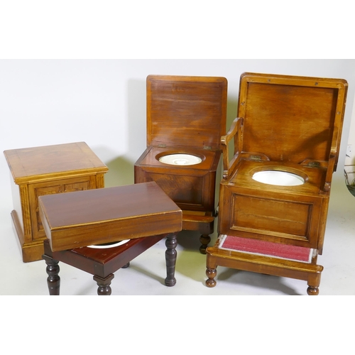 1105 - A Victorian mahogany step commode, the rising top with fold out arms, a bidet, carved walnut commode... 