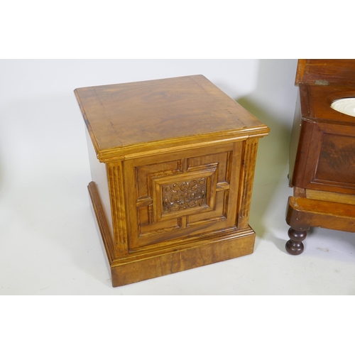 1105 - A Victorian mahogany step commode, the rising top with fold out arms, a bidet, carved walnut commode... 