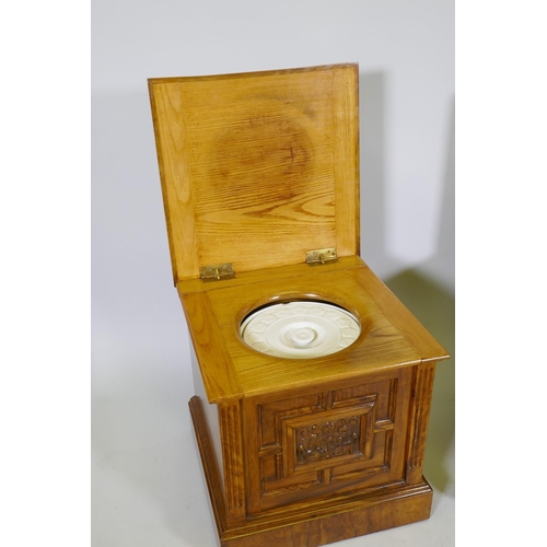 1105 - A Victorian mahogany step commode, the rising top with fold out arms, a bidet, carved walnut commode... 