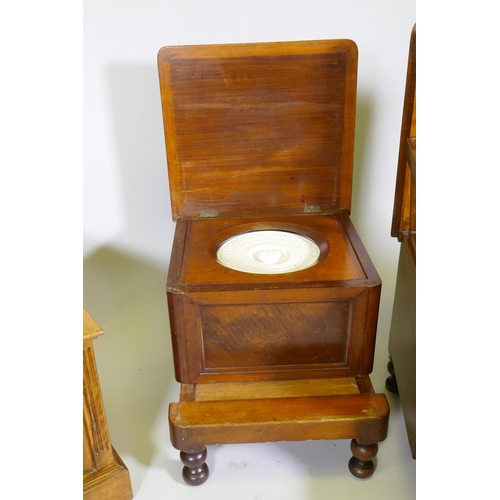 1105 - A Victorian mahogany step commode, the rising top with fold out arms, a bidet, carved walnut commode... 