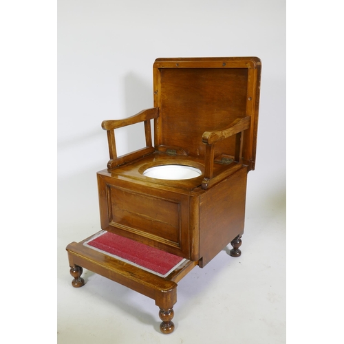 1105 - A Victorian mahogany step commode, the rising top with fold out arms, a bidet, carved walnut commode... 