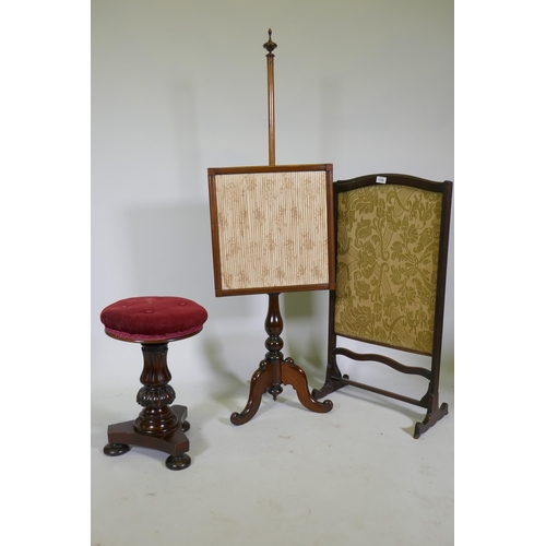 1106 - A Victorian revolving piano stool raised on carved baluster shaped column and platform base, a pole ... 