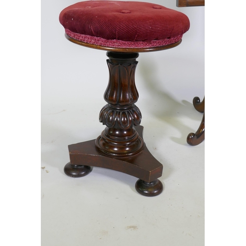 1106 - A Victorian revolving piano stool raised on carved baluster shaped column and platform base, a pole ... 