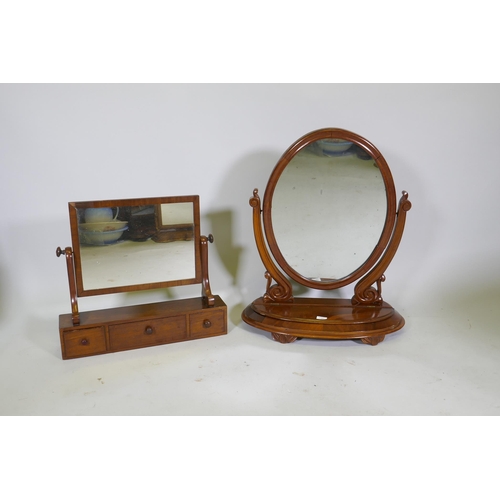 1107 - A Victorian figured mahogany swing toilet mirror with lift up top, 80cm high, and an early C20th thr... 