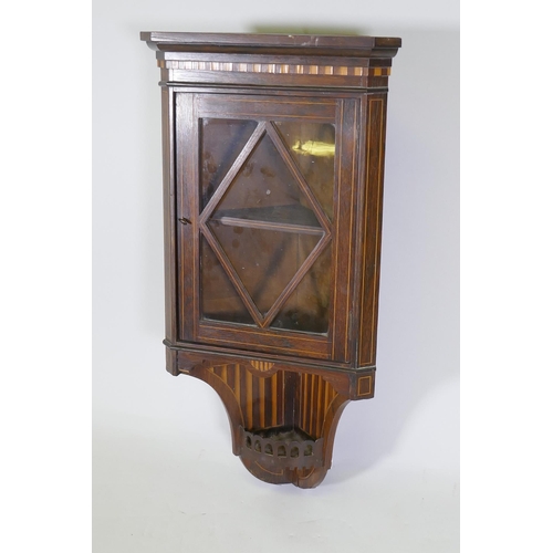 1116 - A small Victorian inlaid rosewood hanging corner display cabinet