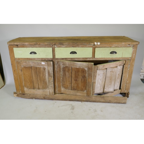 1126 - A C19th pine dresser, three drawers over three cupboards, AF, 180 x 60 x 89cm