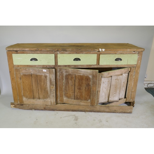 1126 - A C19th pine dresser, three drawers over three cupboards, AF, 180 x 60 x 89cm