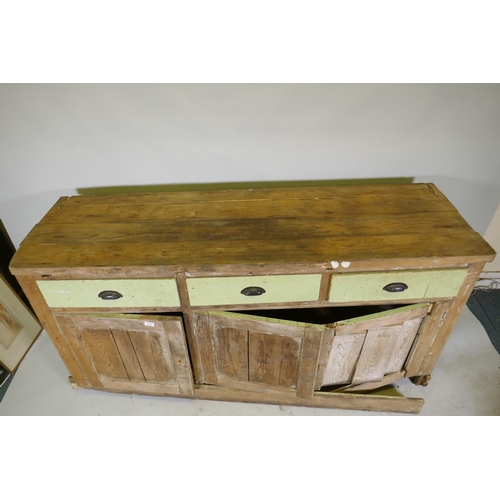 1126 - A C19th pine dresser, three drawers over three cupboards, AF, 180 x 60 x 89cm