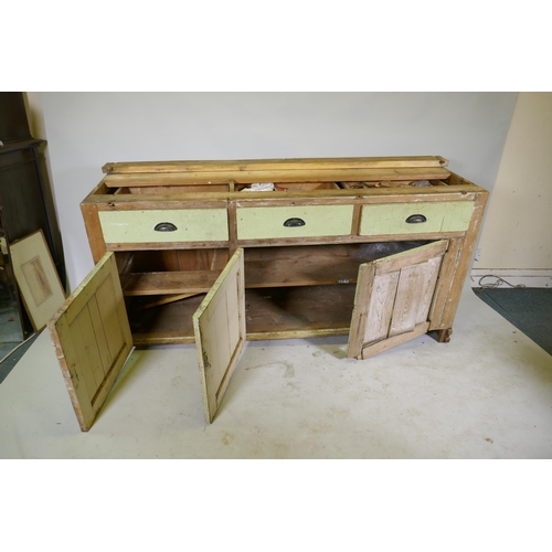 1126 - A C19th pine dresser, three drawers over three cupboards, AF, 180 x 60 x 89cm