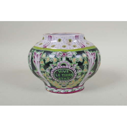 114 - A C19th French faience pot pouri emblazoned with a political slogan Vive le Tiers Etat, marked M. Pa... 