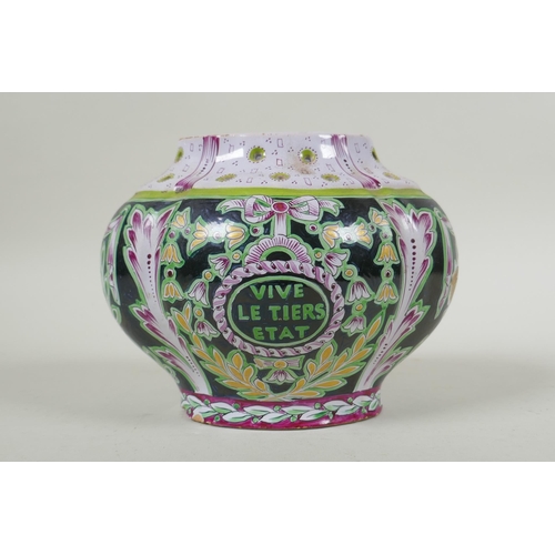 114 - A C19th French faience pot pouri emblazoned with a political slogan Vive le Tiers Etat, marked M. Pa... 