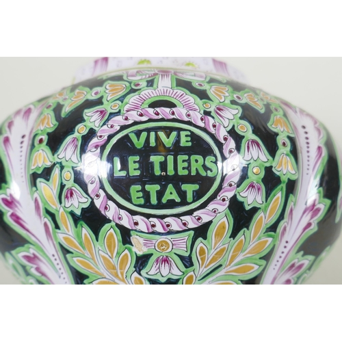 114 - A C19th French faience pot pouri emblazoned with a political slogan Vive le Tiers Etat, marked M. Pa... 