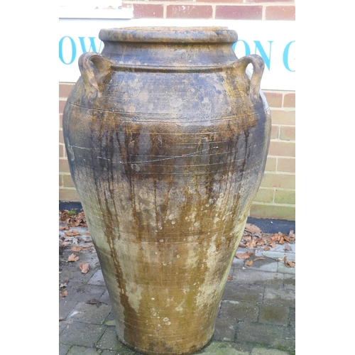 1169 - A large vintage terracotta amphora shaped garden pot with cover, 101cm high