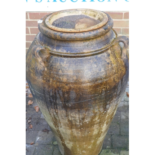 1169 - A large vintage terracotta amphora shaped garden pot with cover, 101cm high