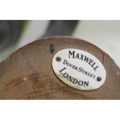 12 - A pair of vintage black and red riding boots with beechwood trees, labelled Maxwell, Dover St., Lond... 